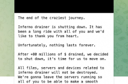 盗取8000万美元加密货币后 钓鱼工具Inferno Drainer宣布关闭